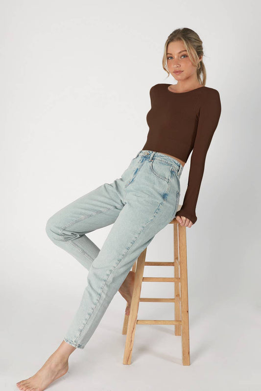 Nikibiki Ribbed Crop Top: Coffee Bean