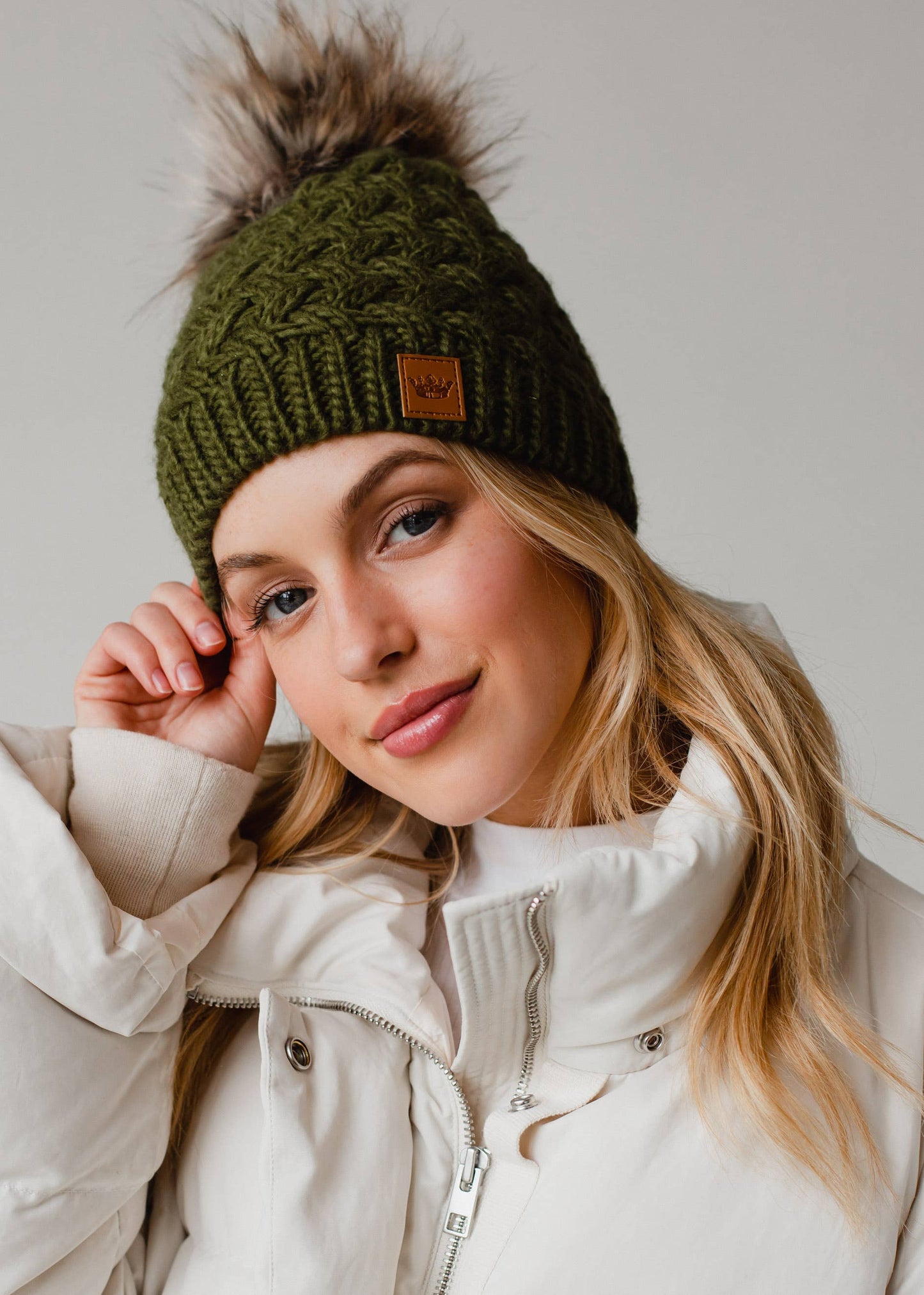 Olive Knit Pom Winter Hat