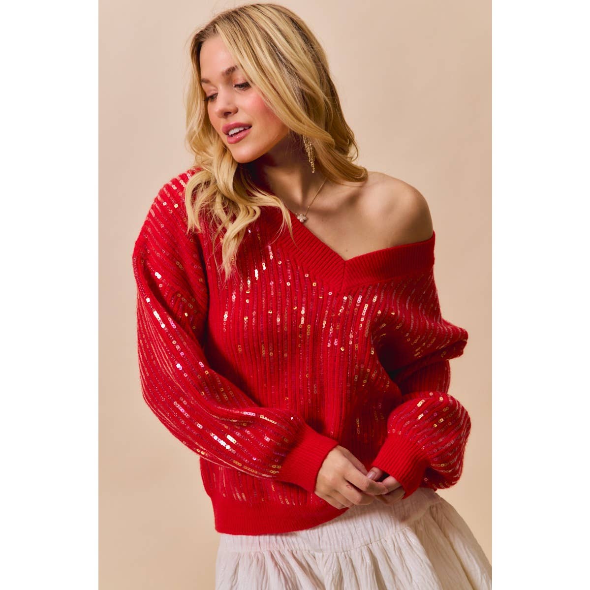 Red Sequins V Neck Sweater