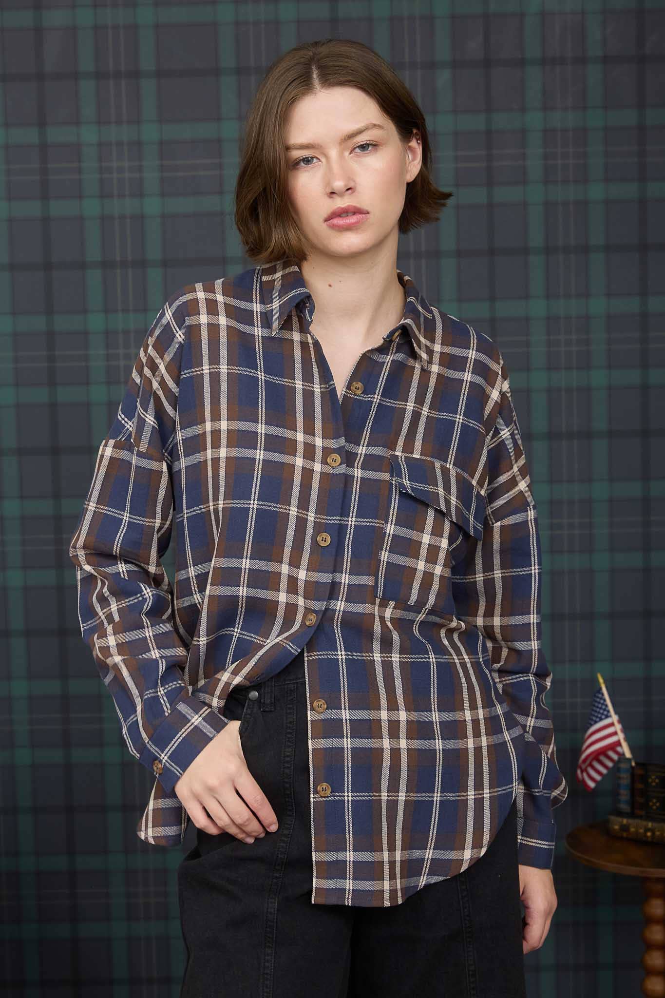 Navy Plaid Button Down Shirt