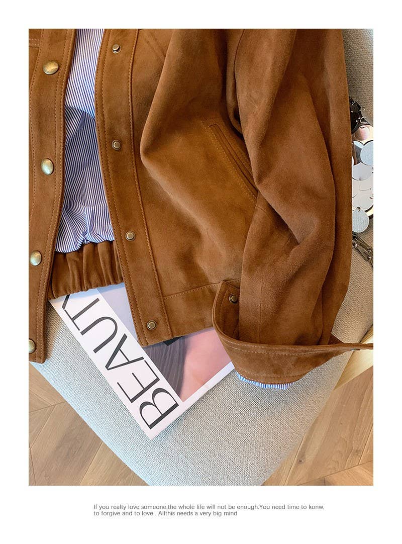 Loose Fit Casual Cropped Jacket: Brown / S