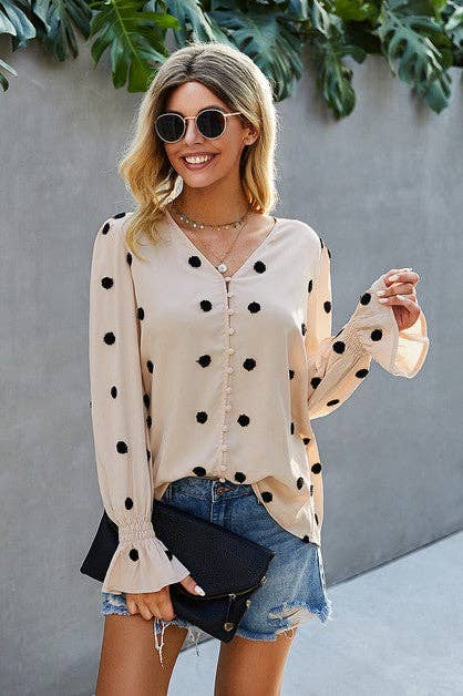 Beige Polka Dot V Neck Blouse