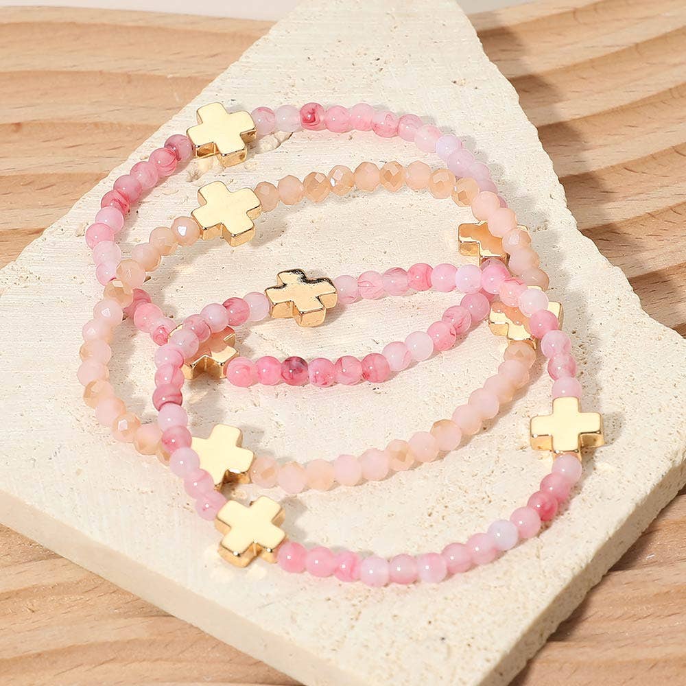 3PCS - Cross Charm Beaded Stretch Multi Layered Bracelets: Gold,Mint