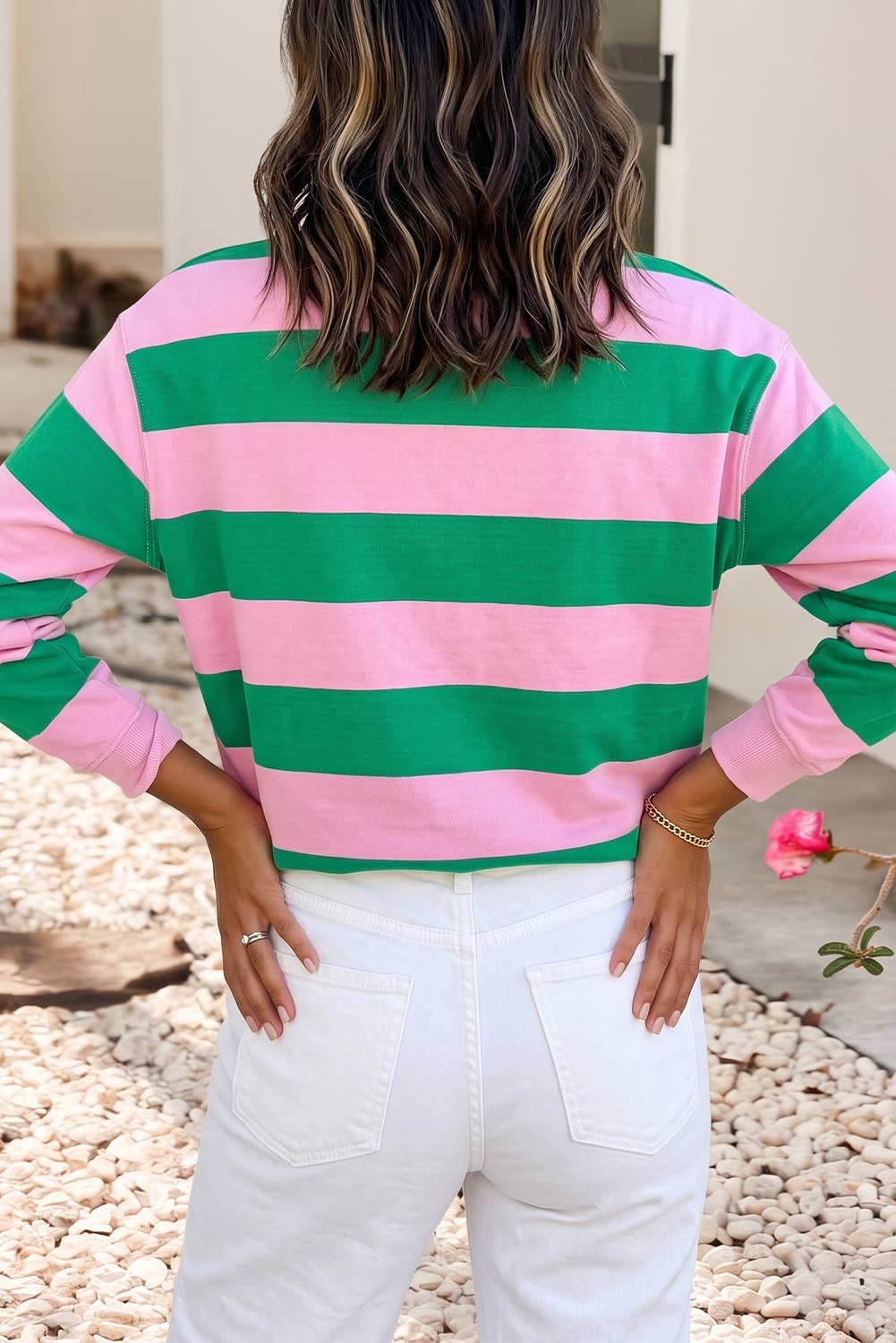 Holly Jolly Embroidered Stripe Pullover Sweatshirt | S-4X: Pink Stripe / S