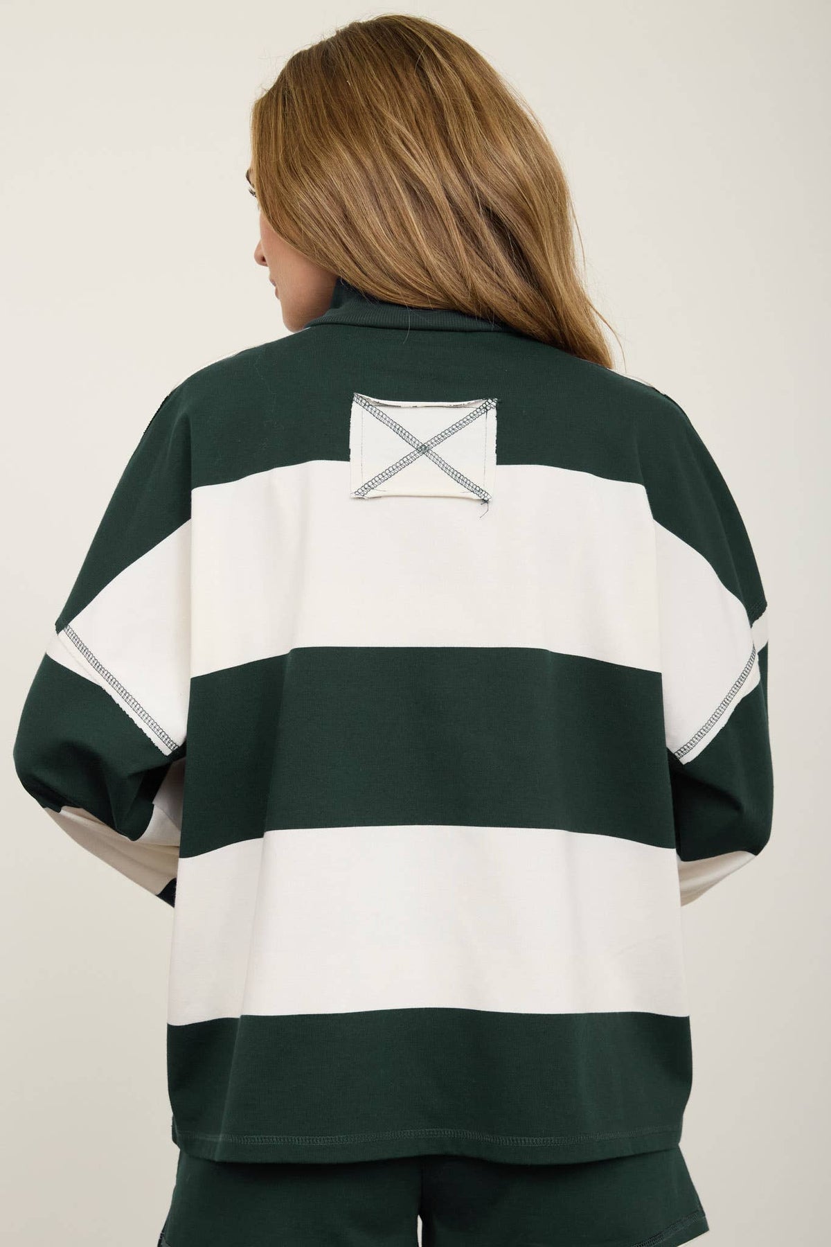 Brown Wide Stripe Half Zip Long Sleeve Top.