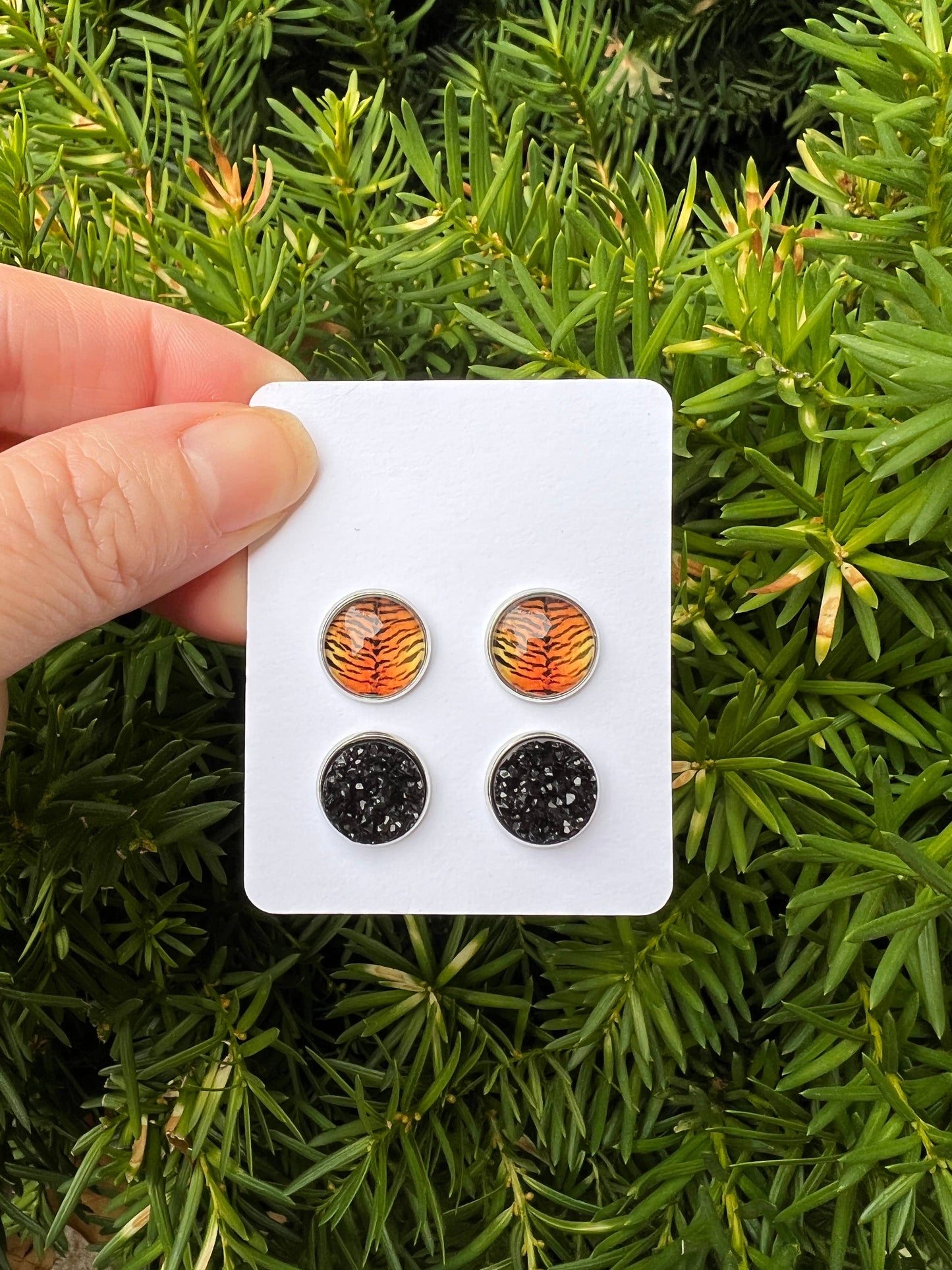 Orange Bengal Tiger Print Druzy Stud Set