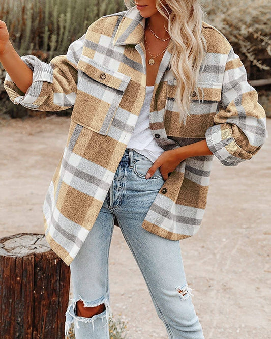 Khaki Plaid Button Flannel Shirt Jacket