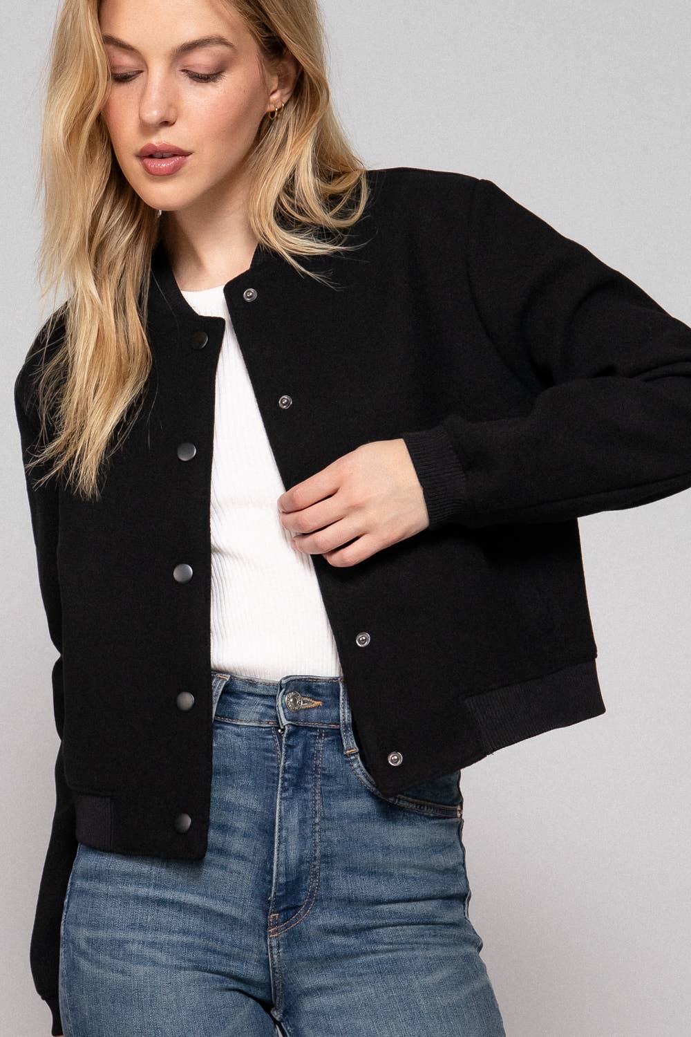 Black Soft Felt Bomber Jacket