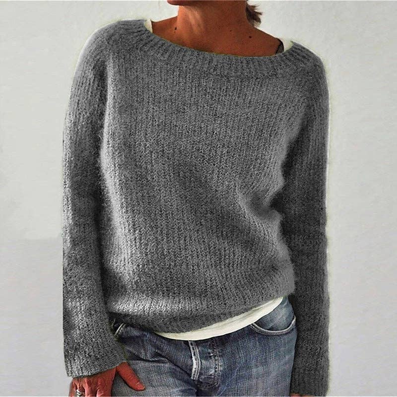 Women's Crew Neck Long Sleeve Solid Knit Pullover Sweater: Gray / S