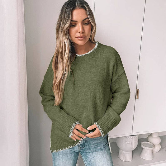 Olive Green Crew Neck  Sweater with Pullover Trim