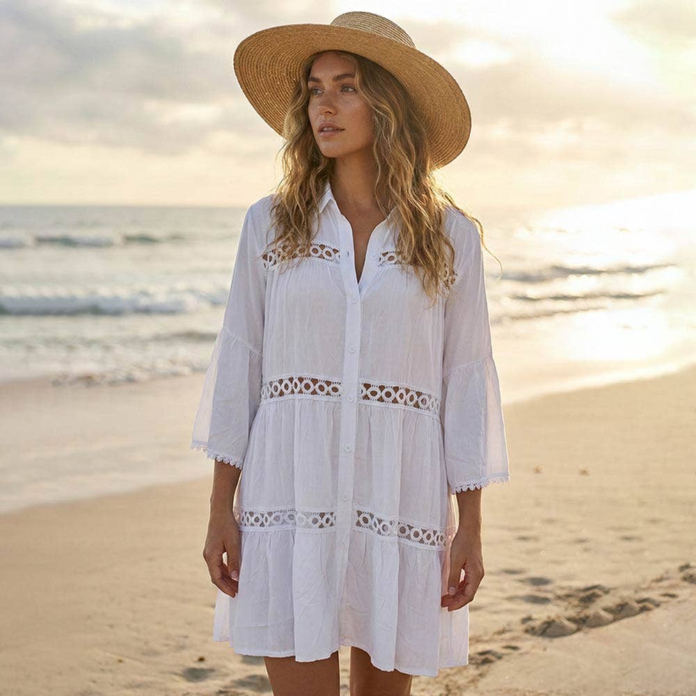 White Button Front Lace Trim Beach Shirt Dress