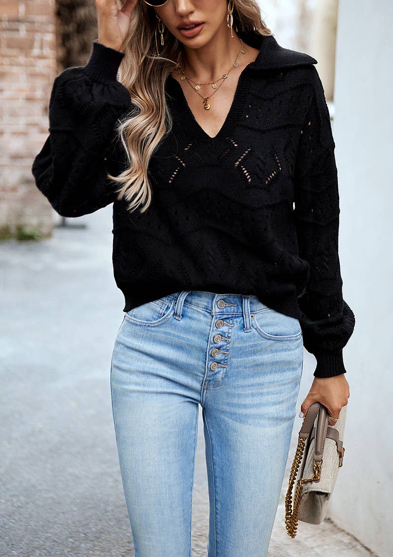 Black Multicolor V-neck Knitted Sweater Top