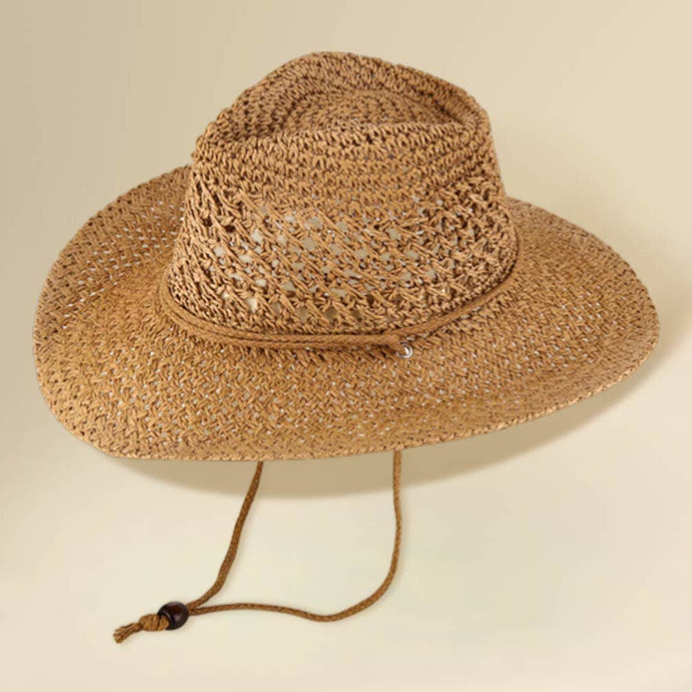 Woven Wide Brim Summer Beach Sun Fedora Hat: Khaki