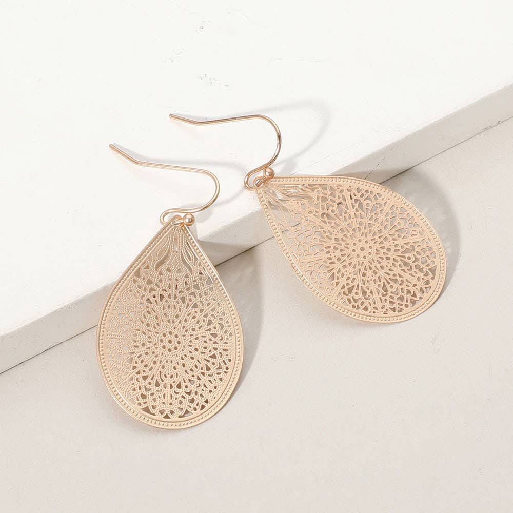 Matte Metal Filigree Teardrop Earrings: Yellow Gold