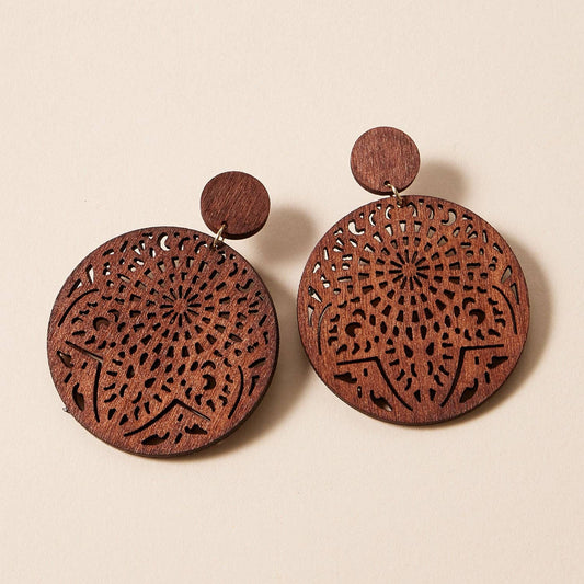 Brown Wood Artisan-Inspired Boho Filigree Earrings