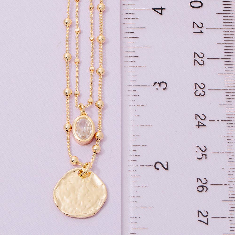 Gold Coin And Oval Cz Charm Layered Chain Necklace