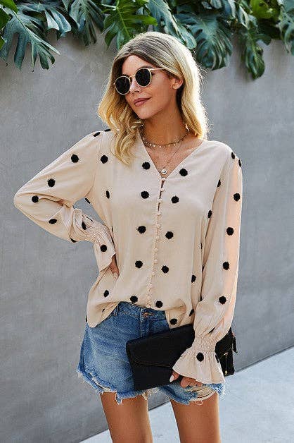 Beige Polka Dot V Neck Blouse