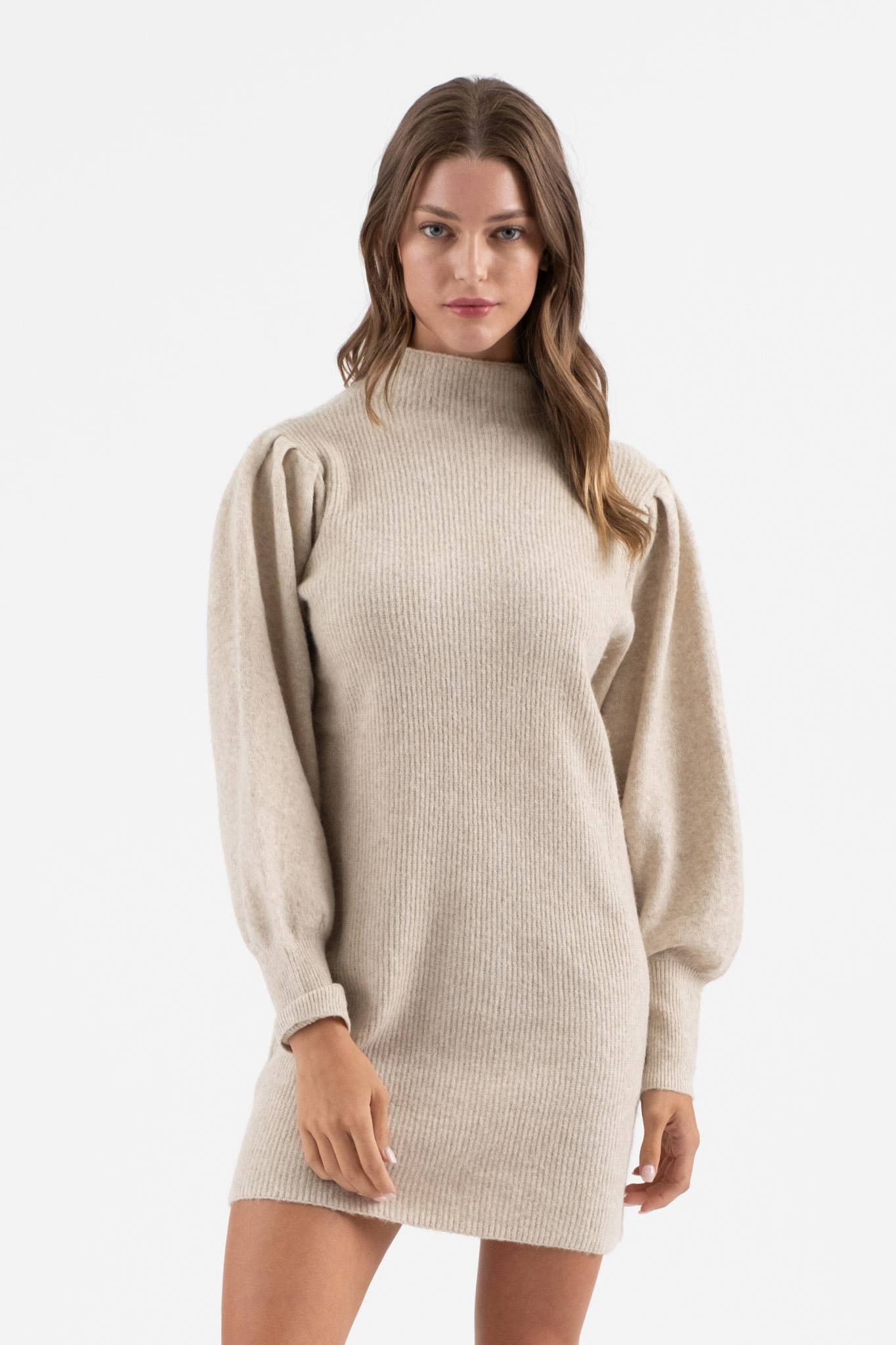 Khaki Mock Neck Puff Sleeve Sweater Dress