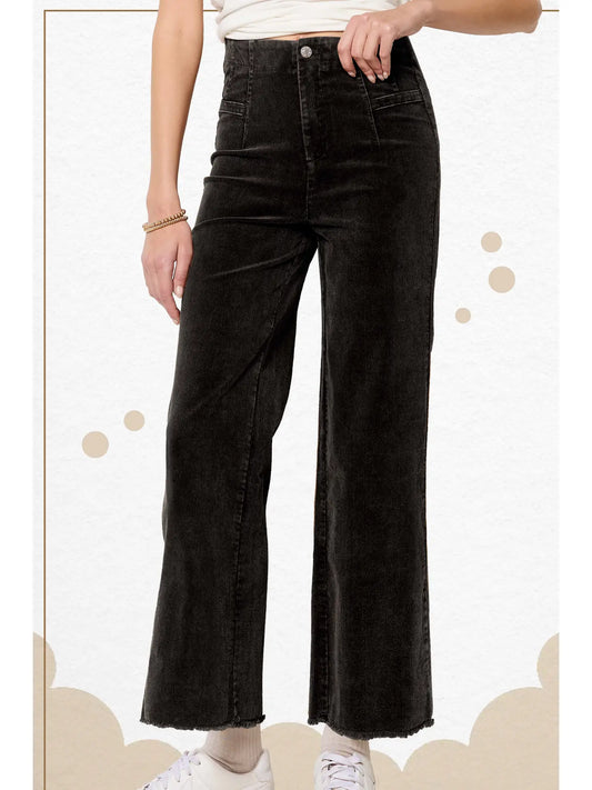 Black Mineral Washed High Waisted Wide Leg Corduroy Pants