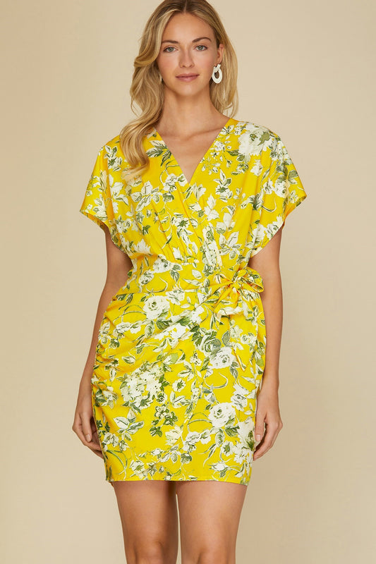 SALE Lemon Yellow Dolman Sleeve Floral Printed Dress with Side Tie