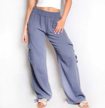 SALE Dusty Blue Cotton Wide Leg Cargo Pants