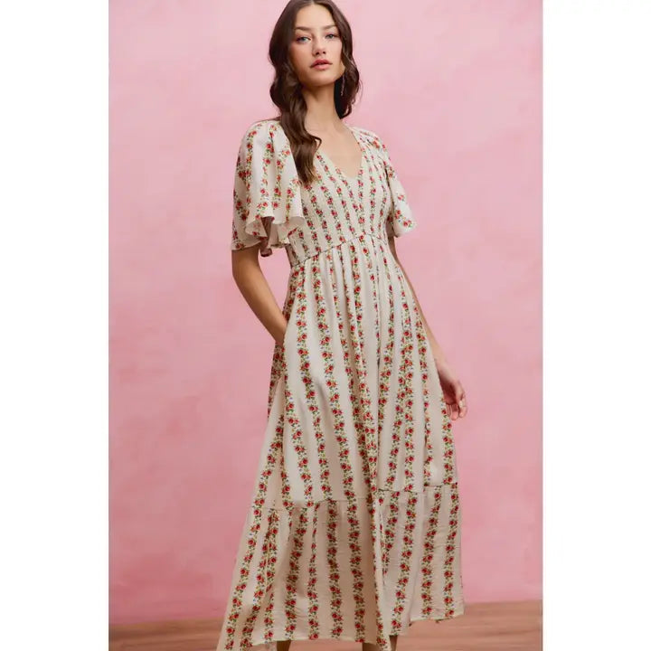 Floral rose print smocked bodice flutter sleeves lined midi dress