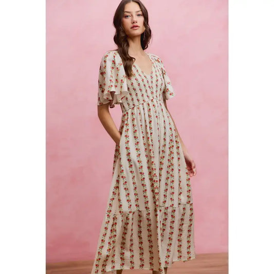 Floral rose print smocked bodice flutter sleeves lined midi dress