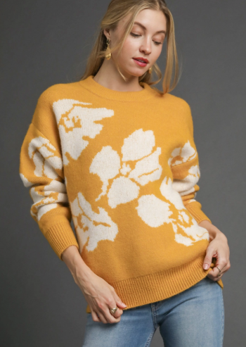 Umgee Mustard Floral Knit Sweater