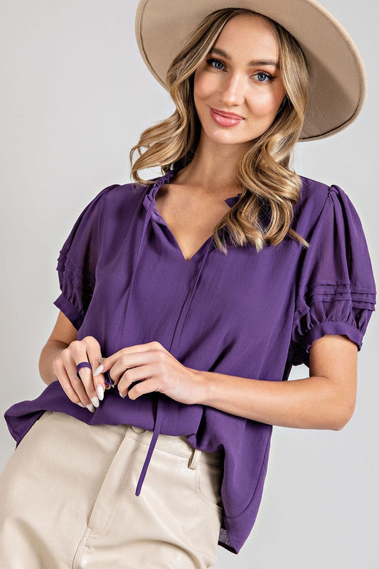 Purple Tie Front Short Sleeve Blouse