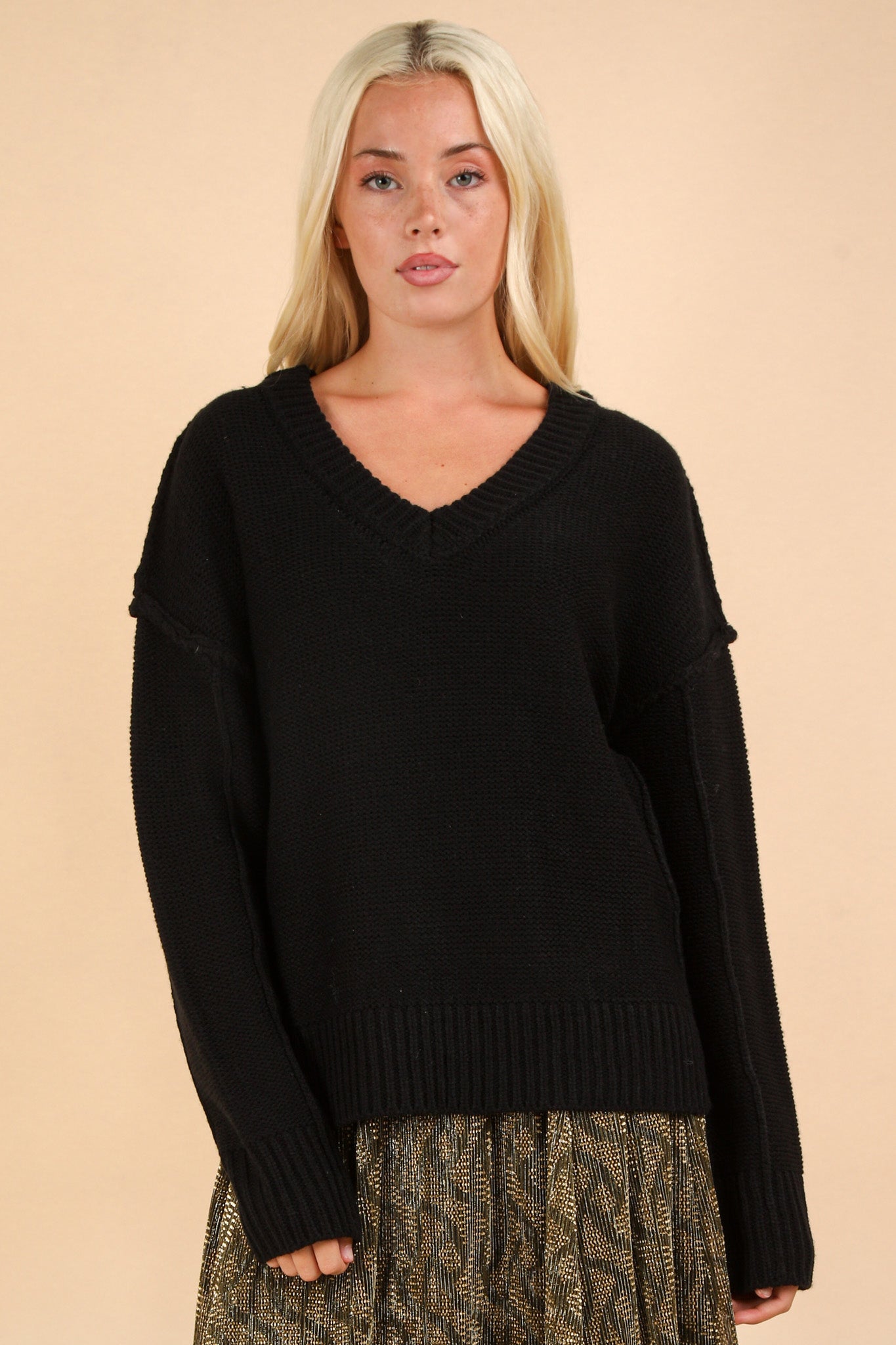 Black Oversized Chunky V-Neck Sweater