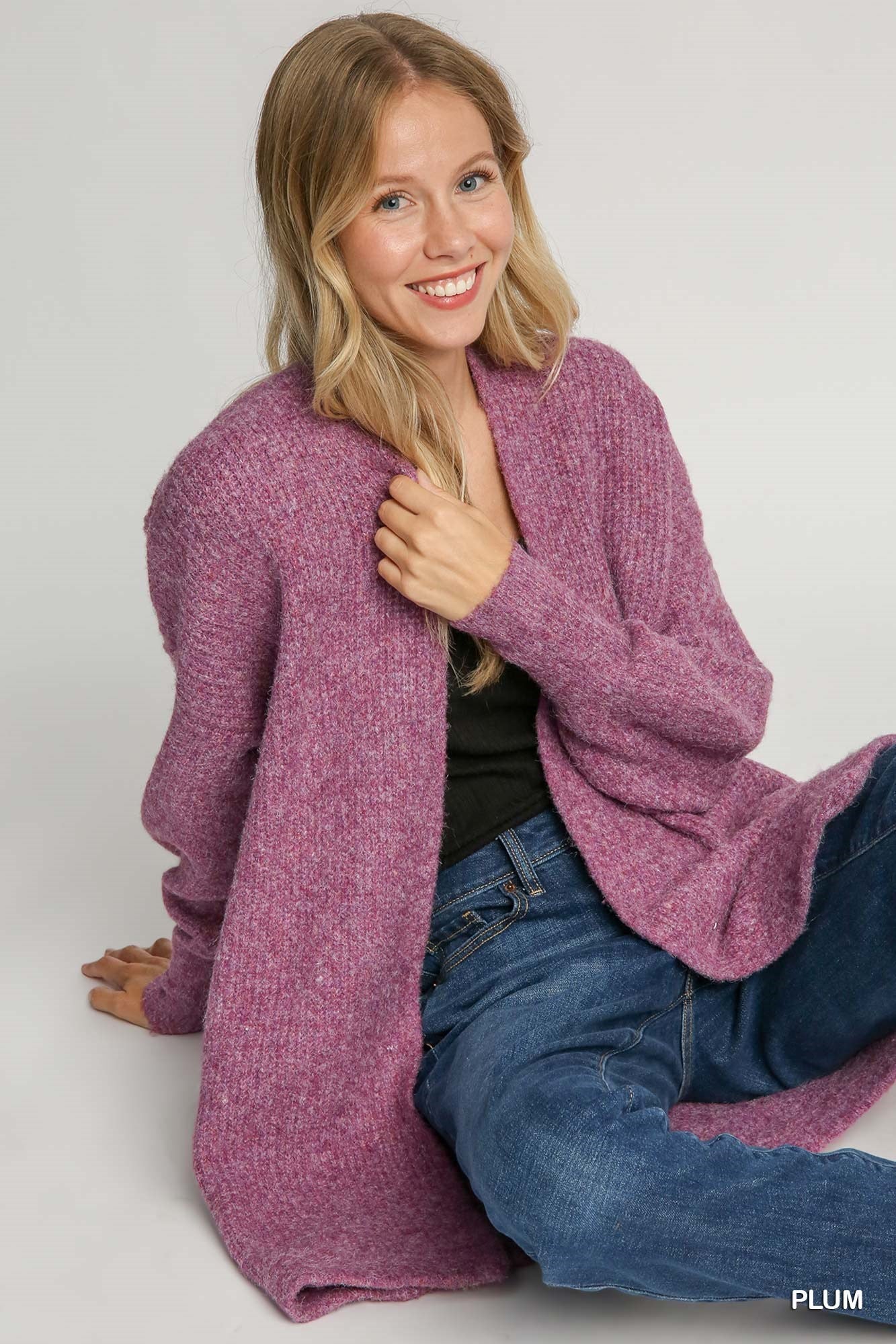 Plum Wool Blend Open Front Cardigan