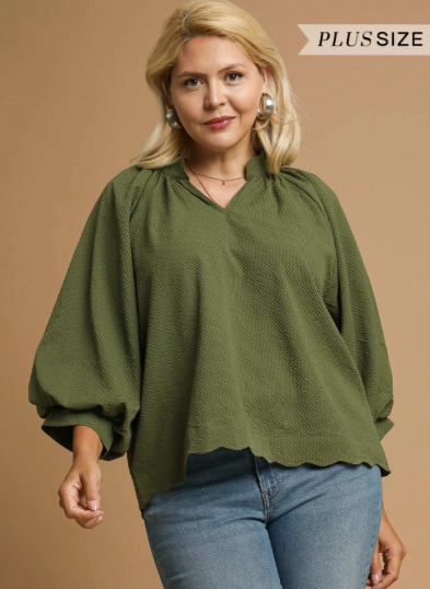 Olive Textured Scallop Hem Blouse