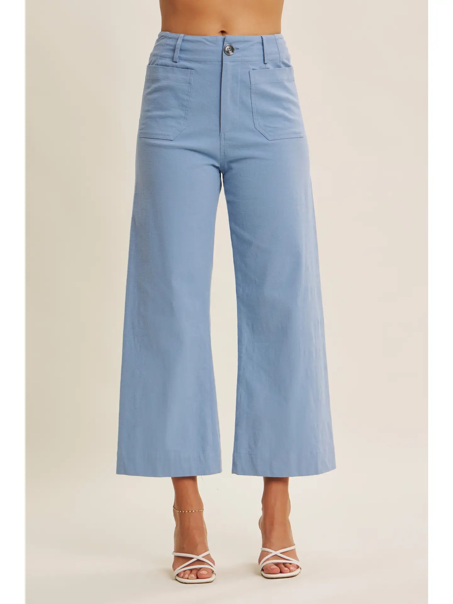 Blue Cotton Linen Ankle Pants with Pockets