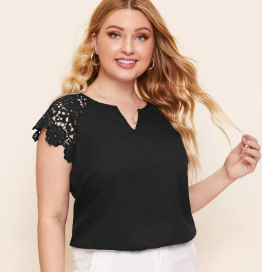 Black Notched Neck Guipure Lace Raglan Sleeve Top-Plus Sized