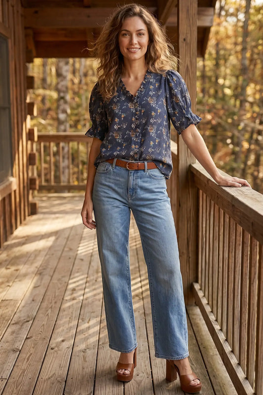Navy Short Sleeve Floral Ruffled Neck Top