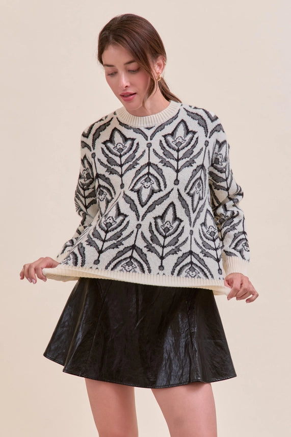 &Merci Charcoal Floral Pattern Knit Sweater
