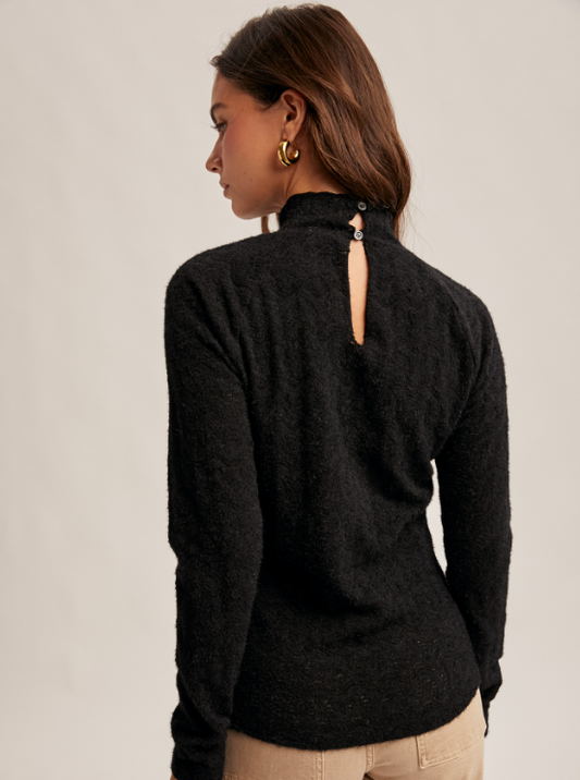 Black Mock Neck Long Sleeve Brushed Lace Top