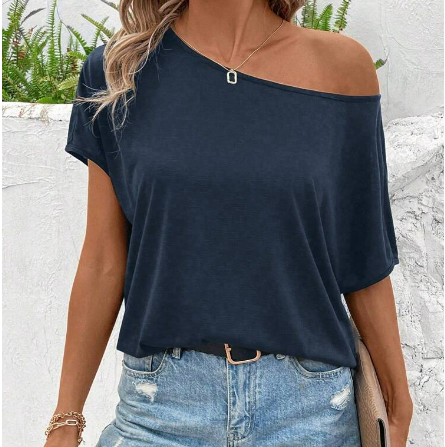 Dark Blue Off=The-Shoulder  T-Shirt