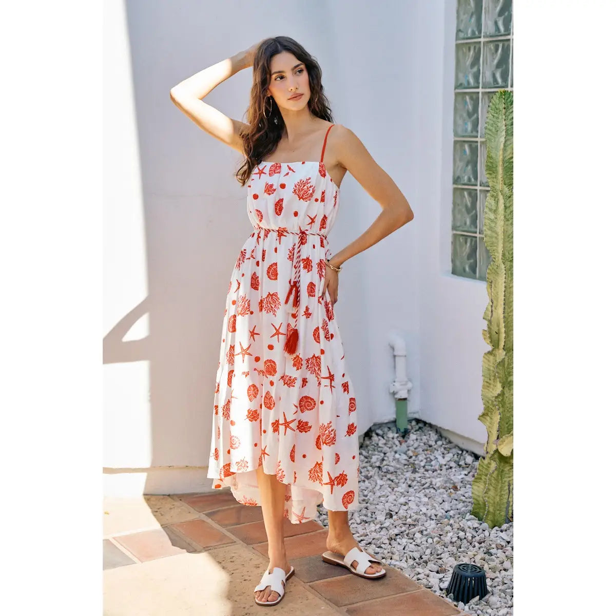 Red Shell Print Tiered Lined Midi Cami Dress with Belt