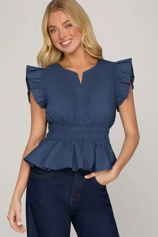 Navy Ruffled Sleeve V Neck Top With Elastic Waistband Detail
