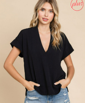 Black V-neck Short Kimono Sleeves Top Plus