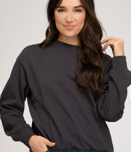 Long Sleeve French Terry Knit Top with Cut Detail-Charcoal