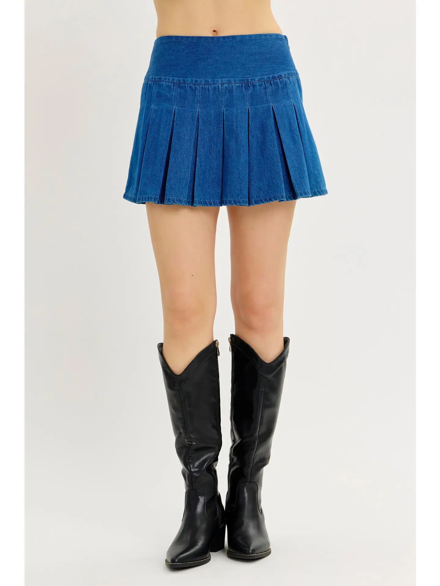 Classic Pleated Denim Mini Skort