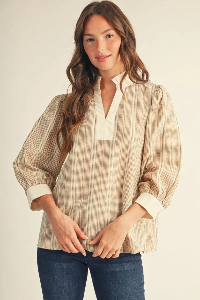 Taupe 3/4 Sleeve Tiny Gingham Check Top
