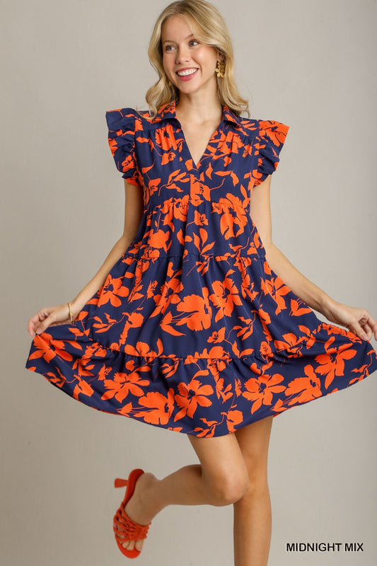 Navy & Orange Floral Print Dress