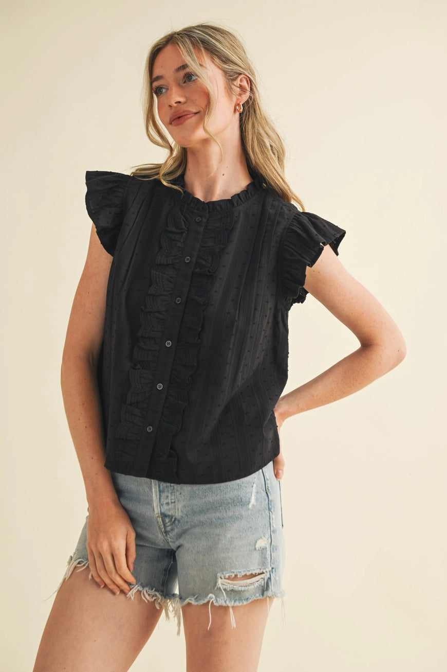 Black Button Down Lace Accent Top