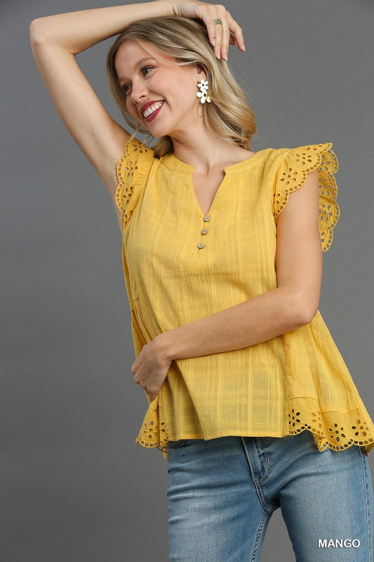 SALE Mango Split Neck Sleeveless Top with Eyelet Trim & Front Wooden Buttons