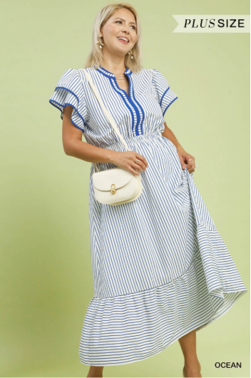 Umgee Navy Striped Flutter Sleeve Midi Dress