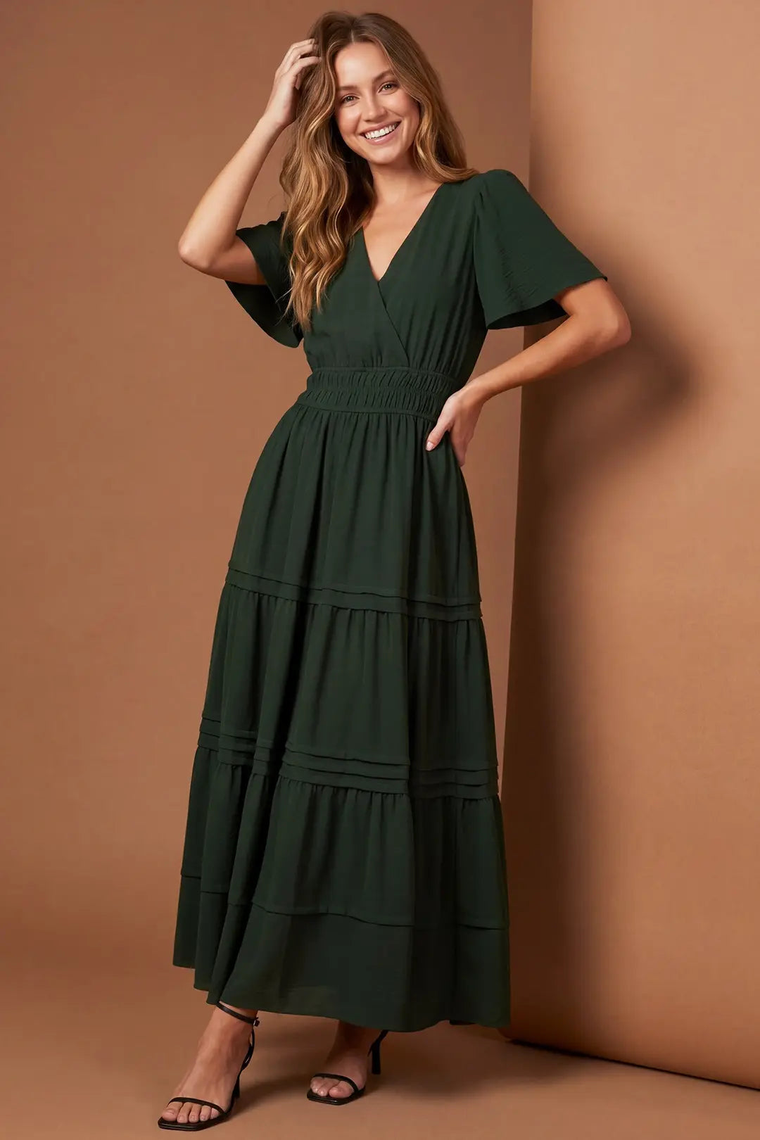 Green Half SleeveTiered Maxi Dress