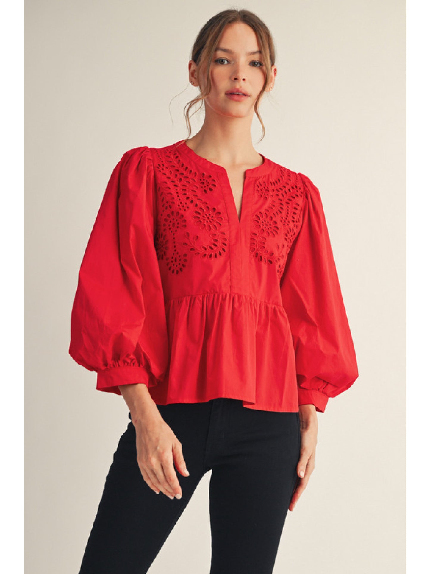 Red 3/4 Puff Sleeves Peplum Top with Eyelet Accent